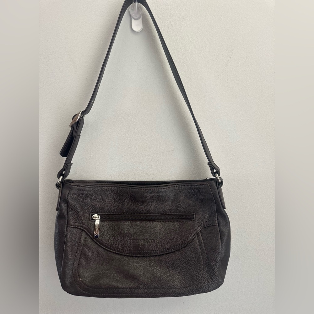 Stone & Co Genuine Leather Shoulder Purse Bag With Adjustable Strap Dark Brown